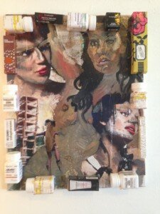 Three Ladies, oils, mixed media, collage, nail polish, 2014